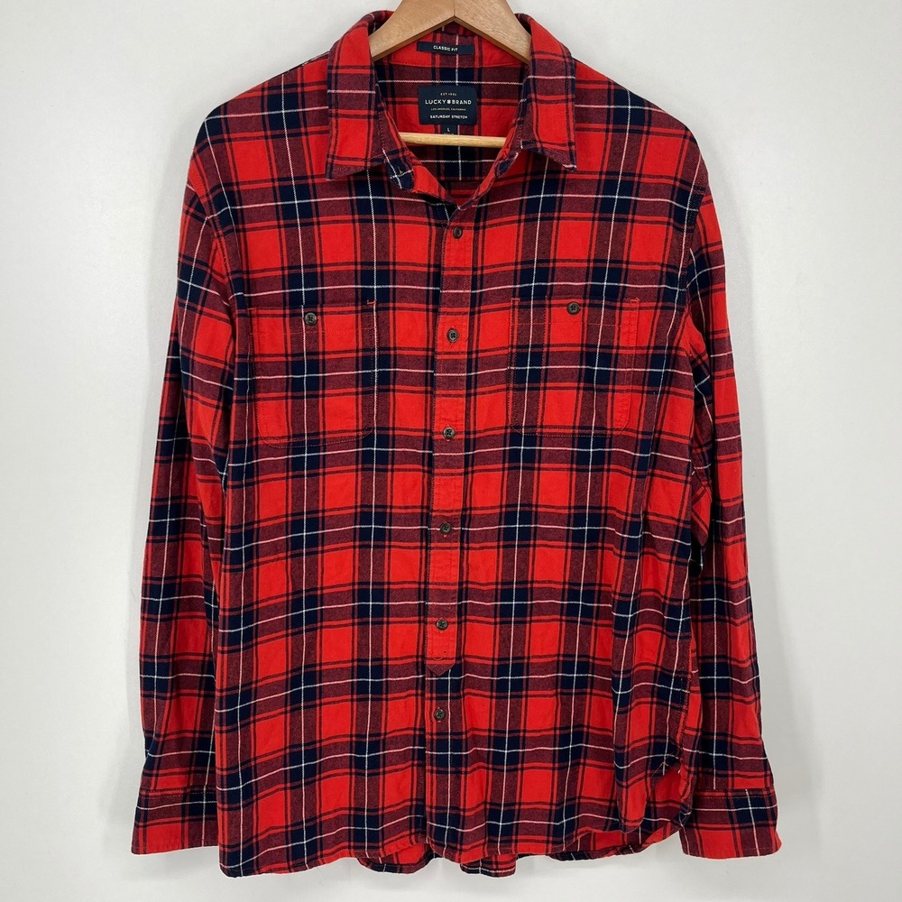 Lucky Brand Mens Red Navy Plaid Saturday Stretch Button Down Shirt Flannel L